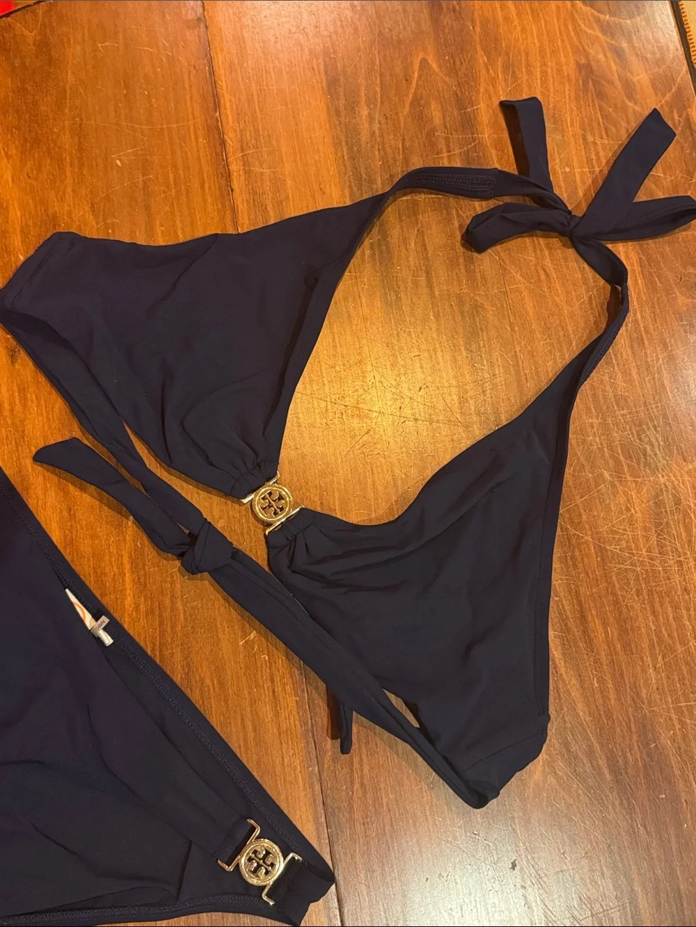 Tory Burch Miller Swimwear Two Piece Gold Logo Triangle Bikini M Navy Swimsuit